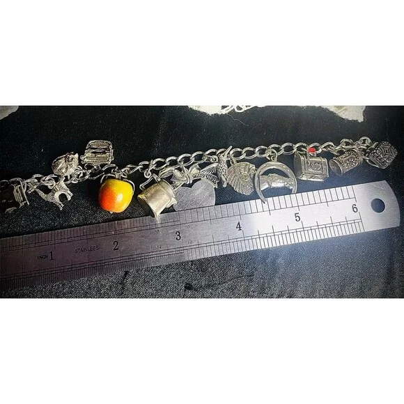 Antique Vintage Retro Heavy Sterling Charm Bracelet 6.5" - Picture 5 of 8